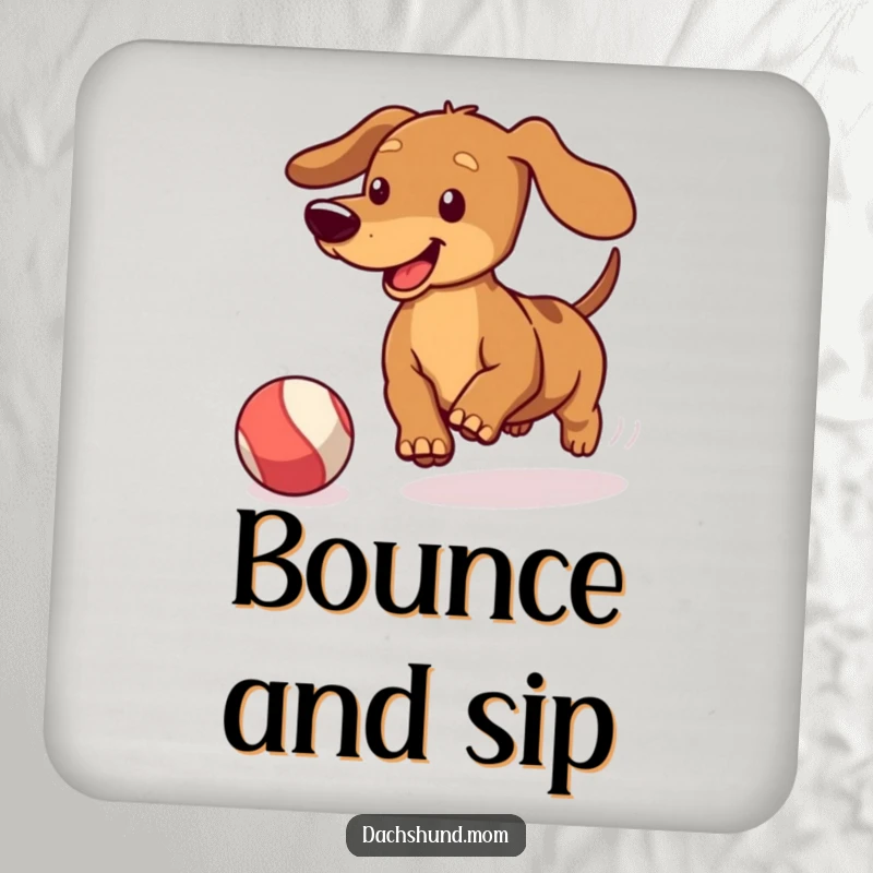 Funny Kawaii Dachshund Ball Chase Coaster: Cute doxie wagging its tail, chasing a bouncing ball, a humorous and practical accessory.