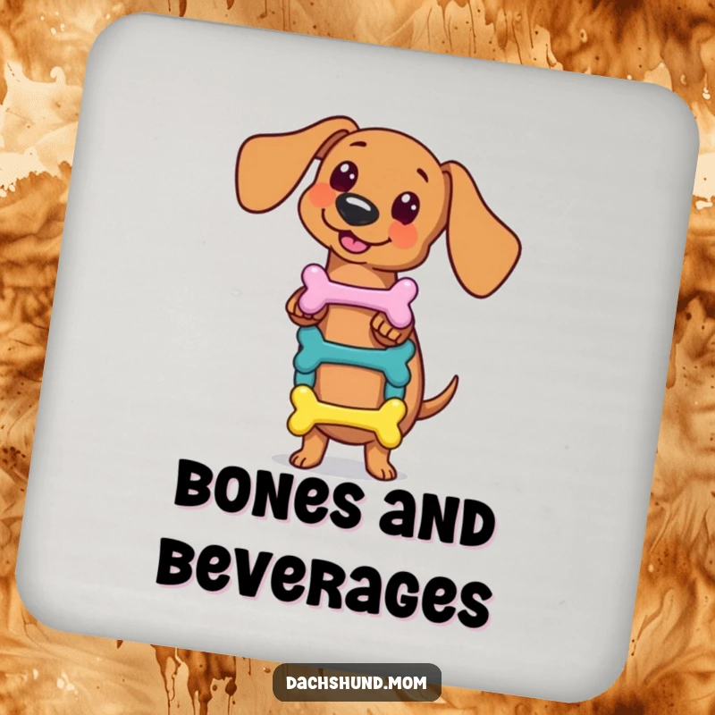 Funny kawaii dachshund drink coaster, skillfully balancing a small stack of colorful bones, protects surfaces with humorous talent, a perfect small gift.