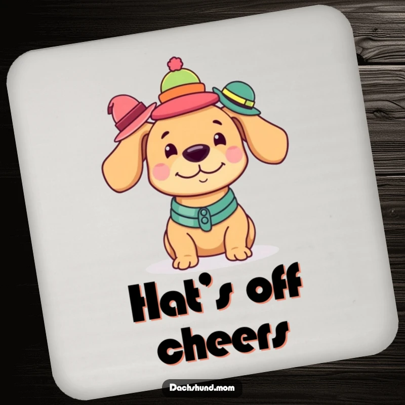 Funny Kawaii Dachshund Drink Coaster featuring a dog balancing a comical stack of miniature hats.