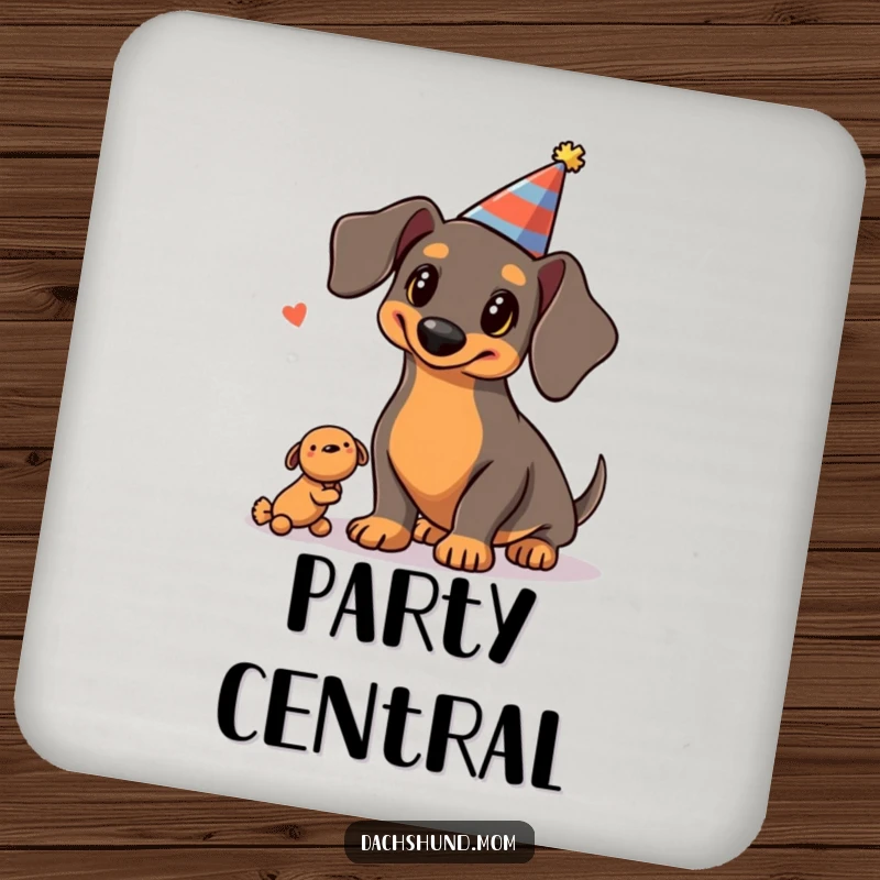 Funny Kawaii Dachshund Coaster: a dachshund wearing a party hat juggles three squeaky toys, adding festive humor to your surfaces.