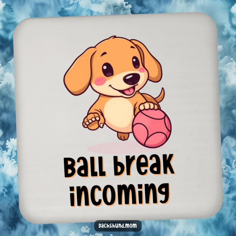 Funny Kawaii Dachshund Drink Coaster featuring a rosy-cheeked doggo chasing a bouncing ball with playful abandon.
