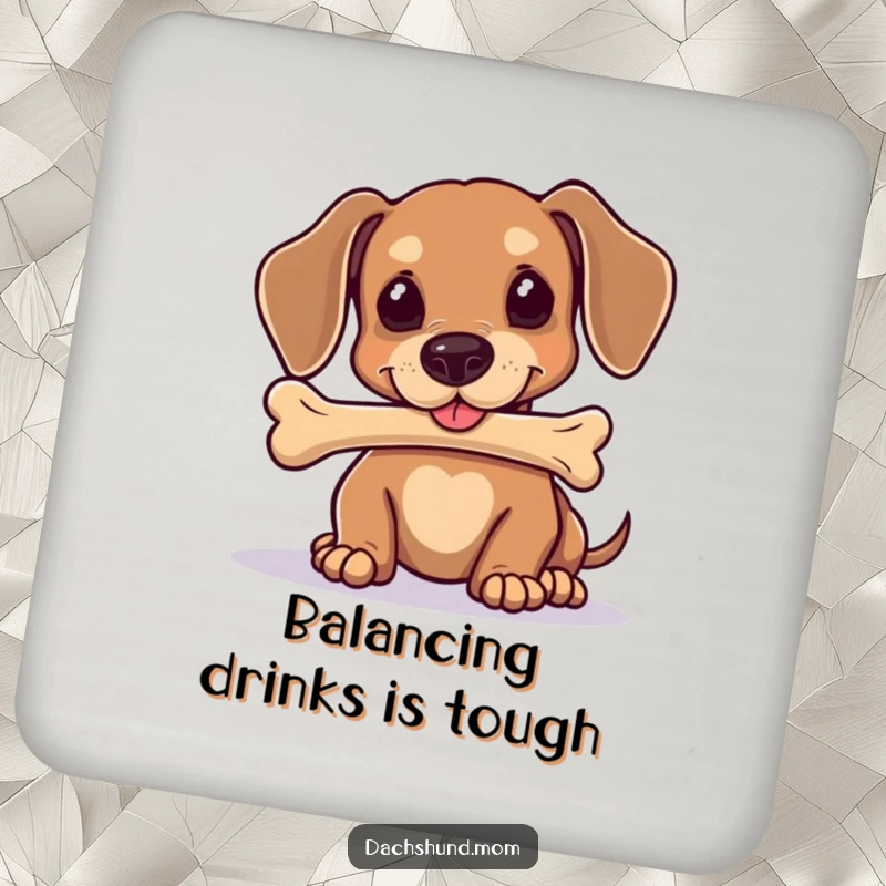 Funny Kawaii Dachshund Coasters: A cute dog balances a bone on its nose, protecting your furniture with charm and skill.
