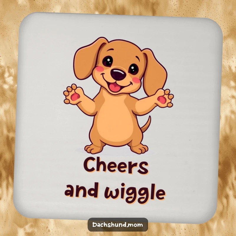 Funny Kawaii Dachshund Coasters: A dancing dachshund with front paws in the air, protecting surfaces with infectious joy.