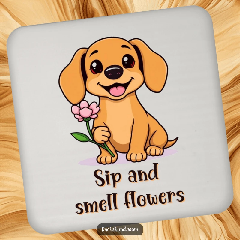 Funny Kawaii Dachshund Coaster with a cute dog offering a flower, protecting surfaces with style and charm. Home decor gift.