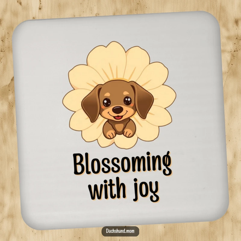 Funny kawaii dachshund peeking behind a happy flower, on a set of decorative drink coasters.