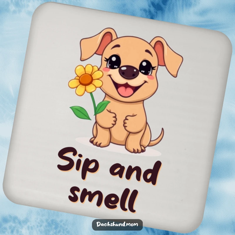 Funny Kawaii Dachshund Flower Drink Coaster: A cute dachshund with a big grin holds a flower, protects tables, gift.
