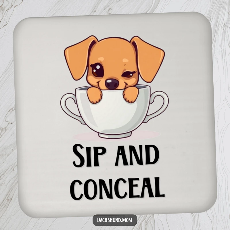 Funny coaster set with a kawaii dachshund peeking from behind a teacup with a mischievous wink, protecting surfaces humorously.