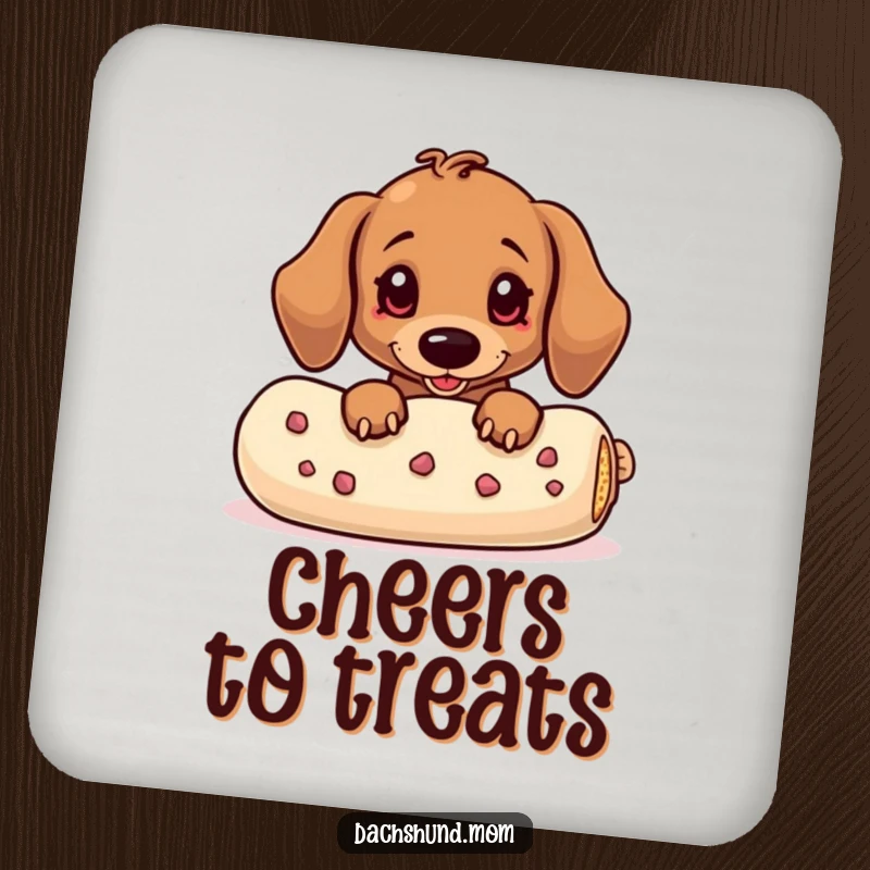 Funny Dachshund Coaster: A kawaii dachshund peeking from behind a large treat, protecting surfaces with humor.