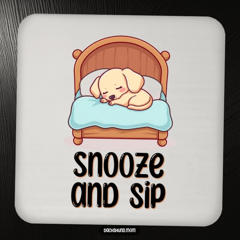 Funny Kawaii Dachshund Coasters: A sleepy dog is adorably cramped in a tiny bed, protecting your furniture with charm.