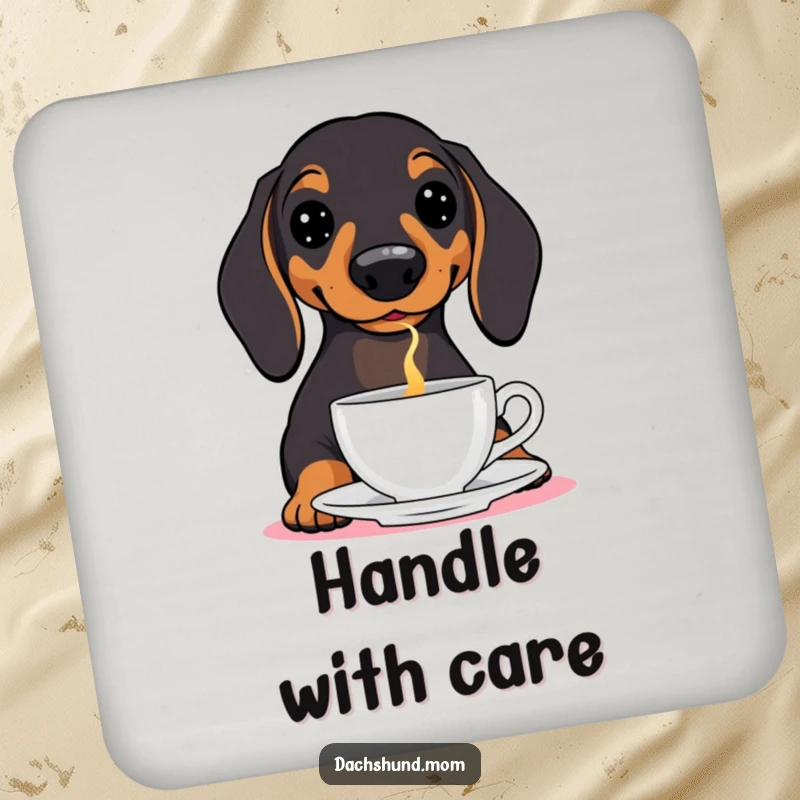 Funny Dachshund Coaster: A charming wiener dog balancing a teacup on its nose, protecting your table with style.