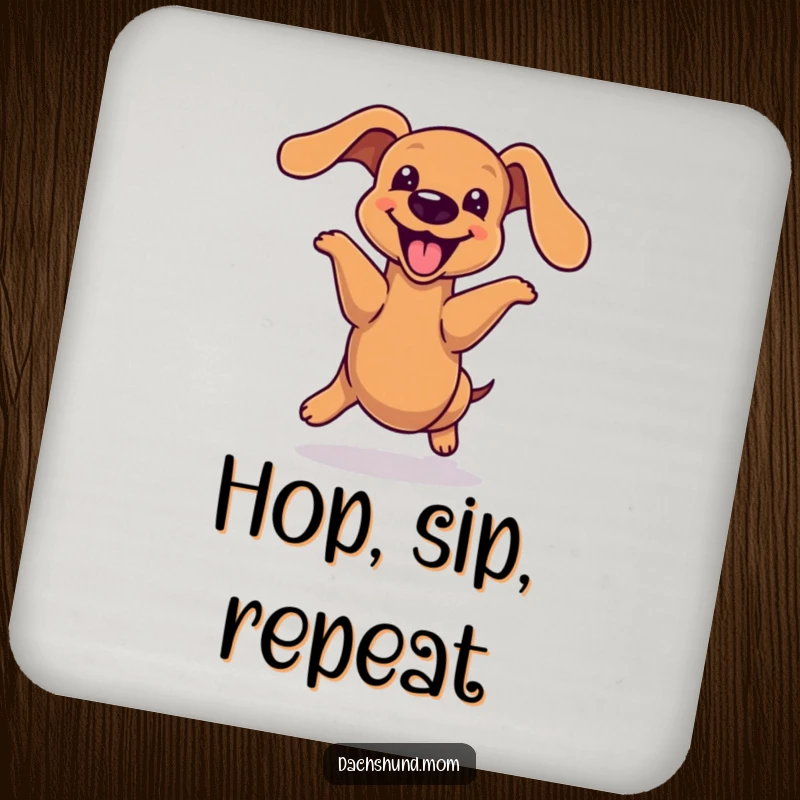Funny kawaii dachshund drink coaster, doing a joyful hop with its body extended, protects surfaces with energetic humor, a perfect small gift.