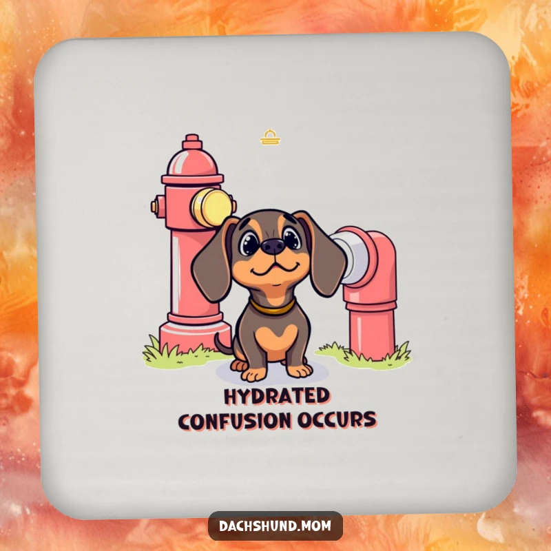 Funny Kawaii Dachshund Coasters: A cute dog looks up in bewilderment at a giant fire hydrant, protecting your furniture with charm.