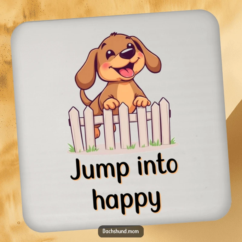Funny Kawaii Dachshund Drink Coaster featuring a joyful dog leaping over a miniature fence.