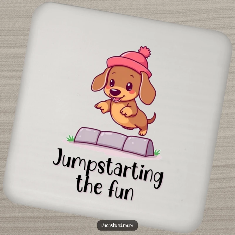Funny kawaii dachshund in a silly hat, jumping over an obstacle, featured on drink coasters to add humor and charm.