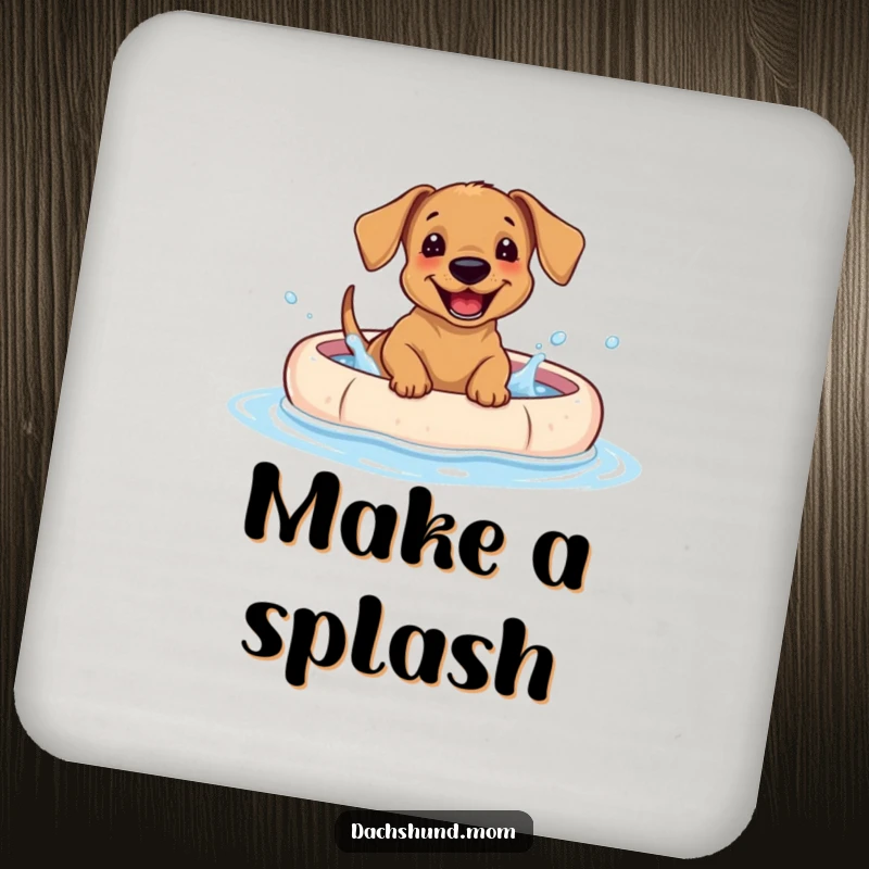 Funny Dachshund puppy drink coasters set, showing a cute dog giggling and splashing in a kiddie pool.