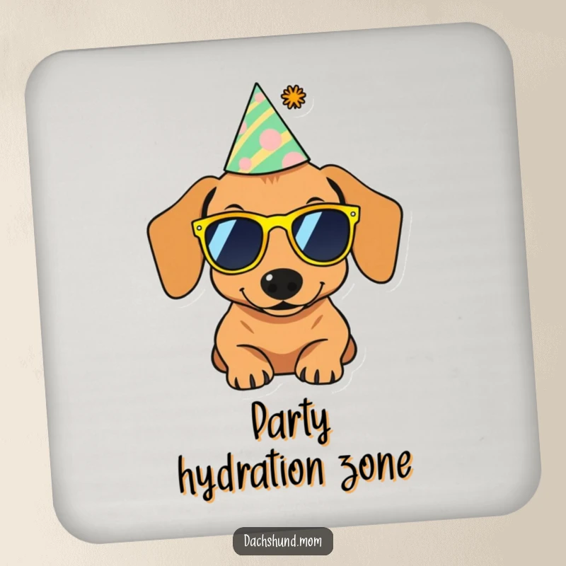 Funny drink coaster featuring a dachshund wearing sunglasses and a party hat, adding a festive and humorous touch.