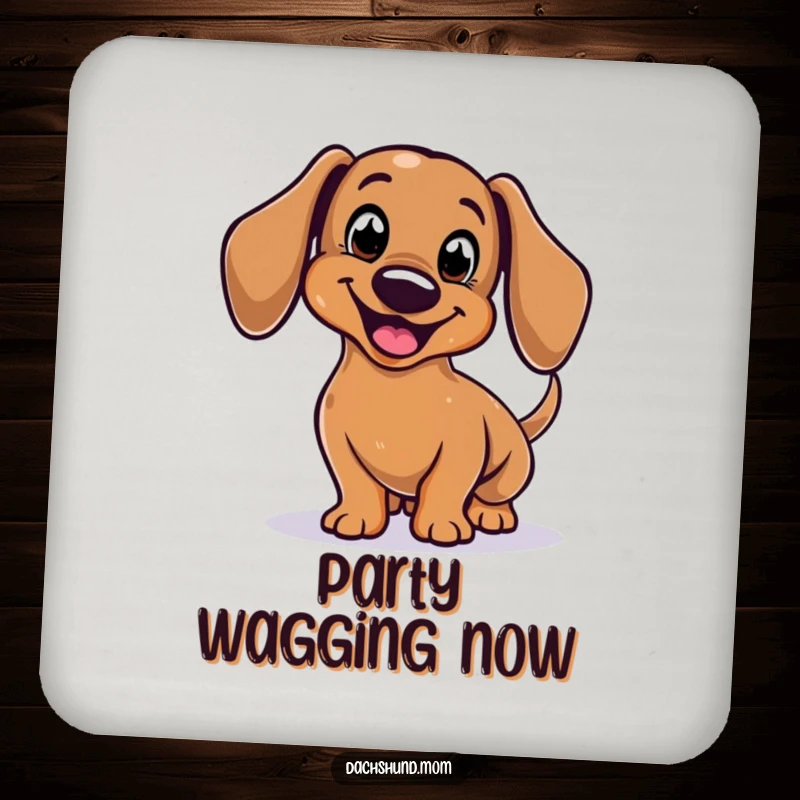 Funny Dachshund Coaster featuring a stylized, smiling body enthusiastically wagging its tail, protecting surfaces with humor.