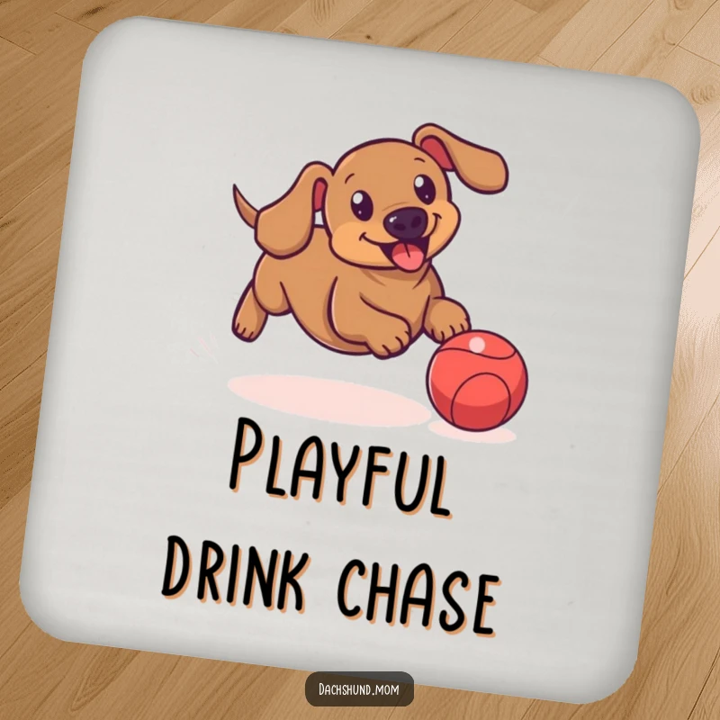 Funny drink coaster featuring a dachshund playfully chasing a bouncing ball, adding a touch of action and humor.