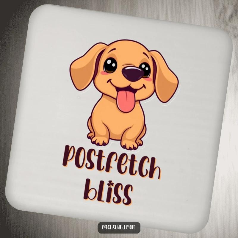 Funny kawaii dachshund with tongue out, panting happily after a game, on a set of protective drink coasters.