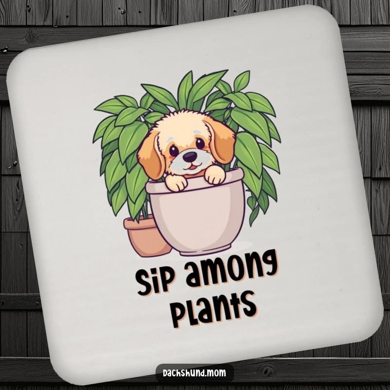 Funny Dachshund Plant Coaster: Fluffy Dachshund pup peeking from a plant protecting surfaces. Humorous and practical coasters.