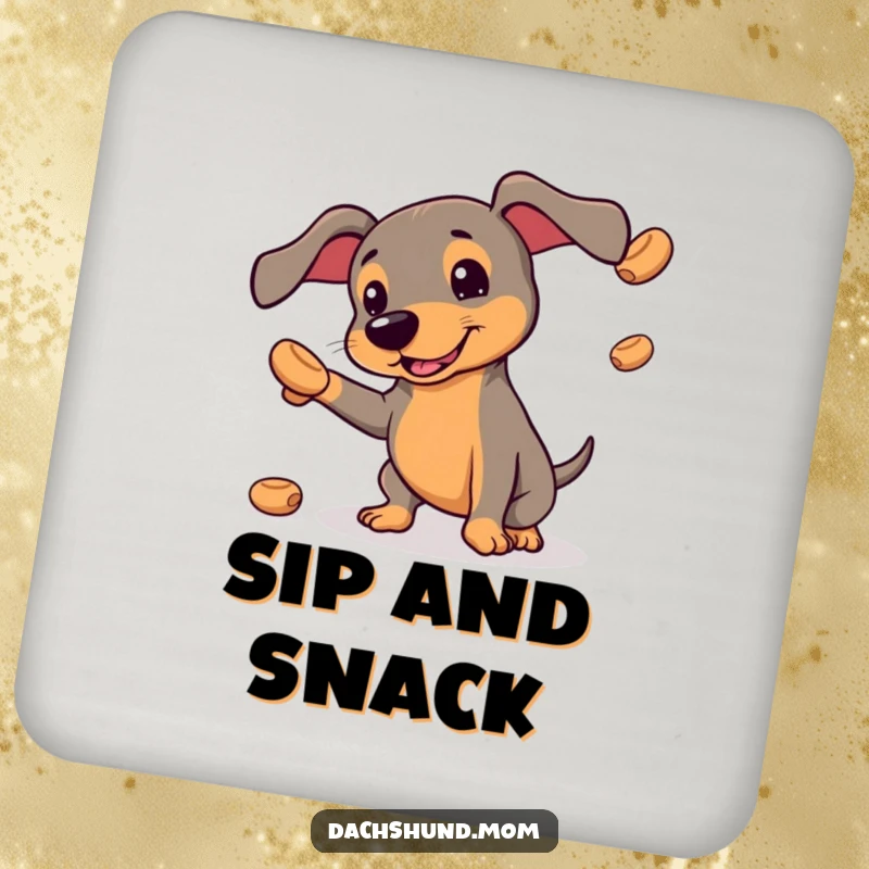 Funny drink coasters depicting a kawaii dachshund hilariously juggling treats, offering cute and humorous surface protection.