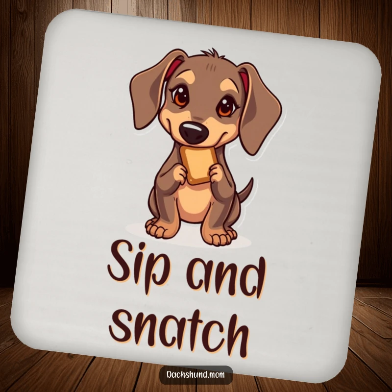 Funny Kawaii Dachshund Coasters: A determined kawaii dachshund reaching for a treat, protecting surfaces with canine charm.