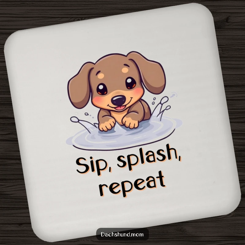 Funny Kawaii Dachshund Coaster: A cute dachshund playfully splashes in a puddle, adding fun to your drink station.