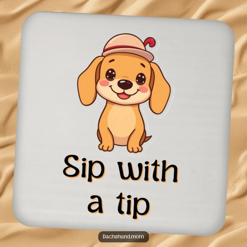 Funny kawaii dachshund drink coaster, tipping a tiny hat with a cheerful grin, protects surfaces with polite humor, a perfect small gift.