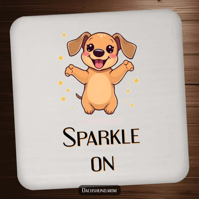 Funny Kawaii Dachshund Coaster with a dog jumping with pure delight, surrounded by shimmering sparkles, a charming gift.