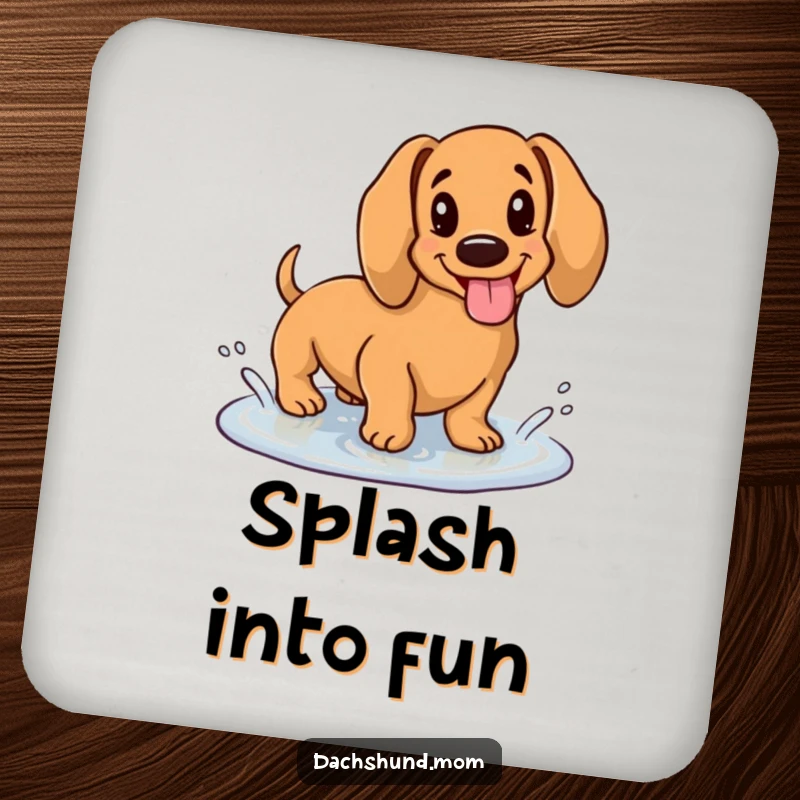 Funny coaster set with a kawaii dachshund happily splashing in a puddle with its tongue out, protecting surfaces humorously.