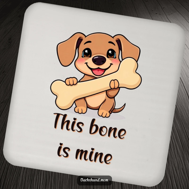 Funny Kawaii Dachshund Coaster showing a cute dachshund holding a giant smiling bone, ready to protect surfaces with funny charm.