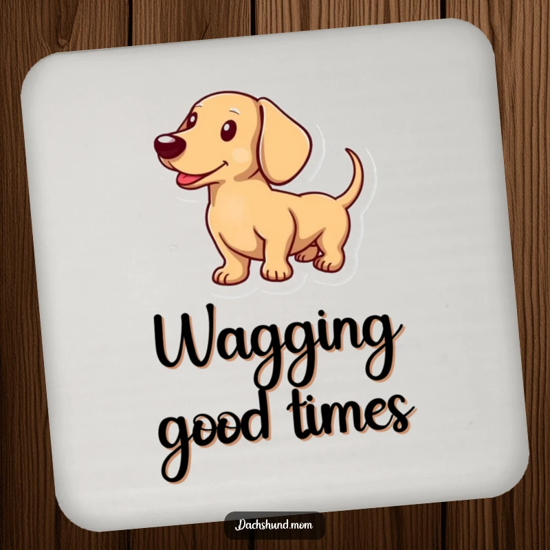 Funny drink coaster with a dachshunds tail wagging enthusiastically, symbolizing pure joy and happiness.