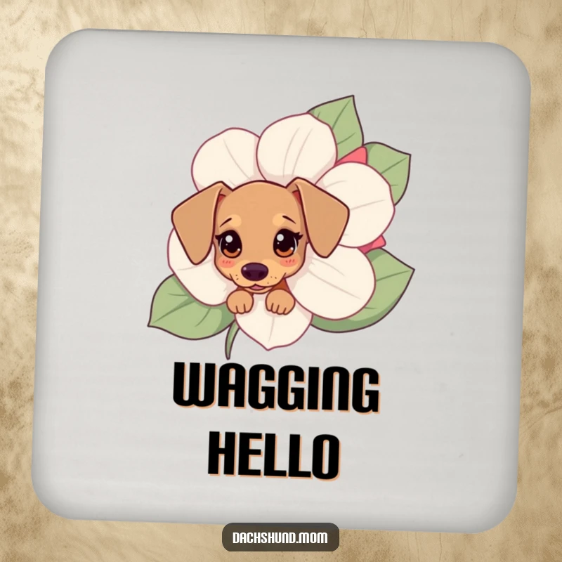 Funny Kawaii dachshund coaster showing a small dog peeking from behind a flower, protecting furniture with cuteness.