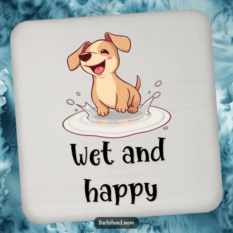 Funny Dachshund Coaster: A happy kawaii dachshund joyfully splashing in a tiny puddle, protecting your furniture with style.