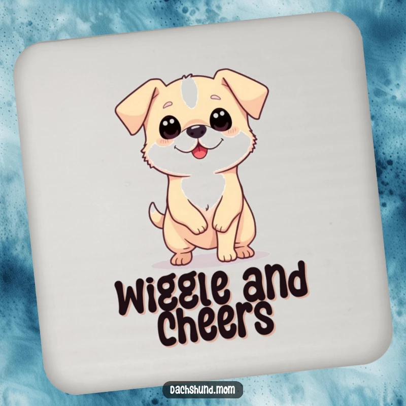 Funny drink coaster featuring a tiny, long dog with big eyes wiggling its body enthusiastically, a fun addition.