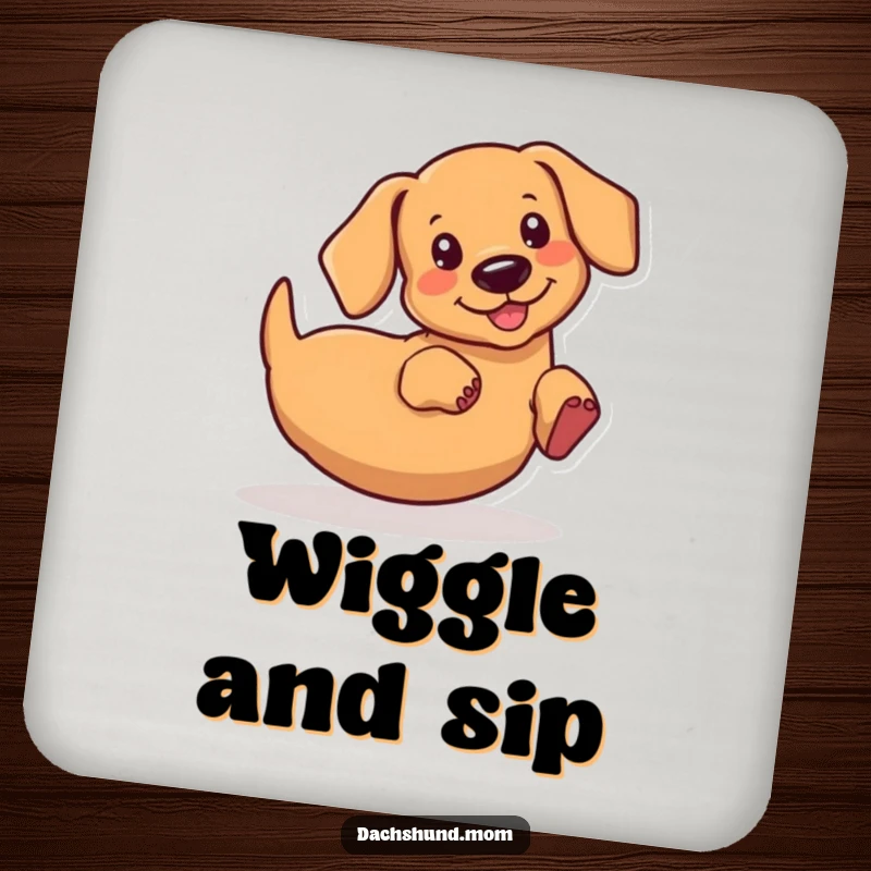 Funny kawaii dachshund drink coaster, wiggling its rear end with a happy wiggle, protects surfaces with humor, a perfect small gift.