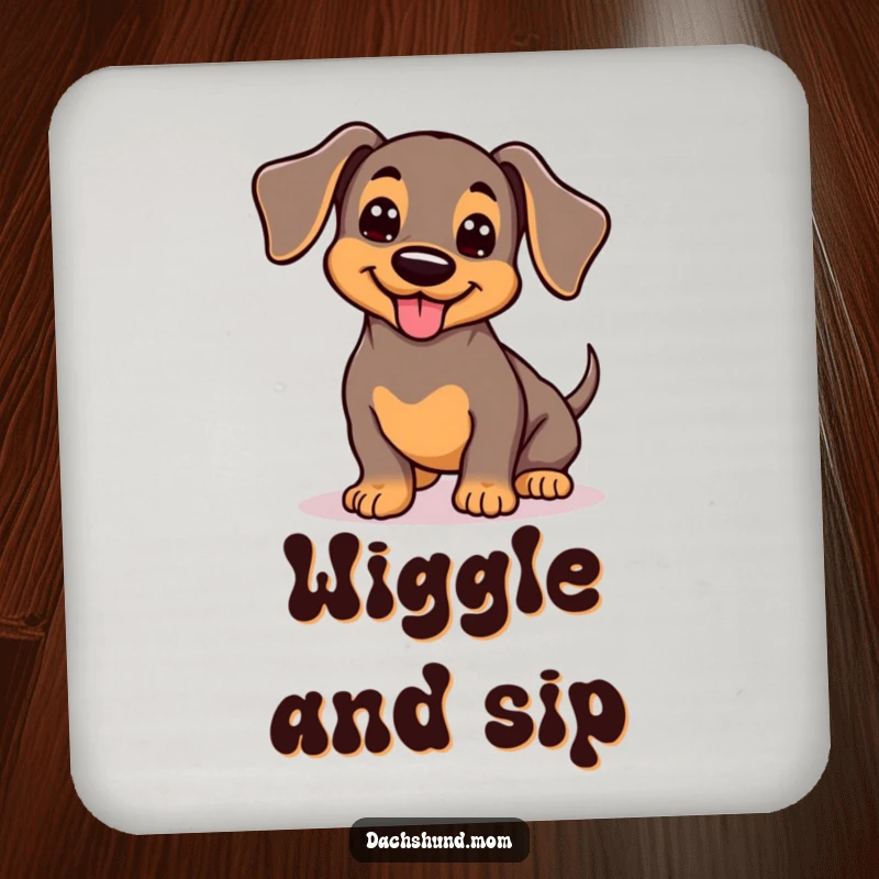 Funny Kawaii Dachshund Coaster: Adorable wiggling dog with wagging tail, cute pet accessory, cheerful table protection.