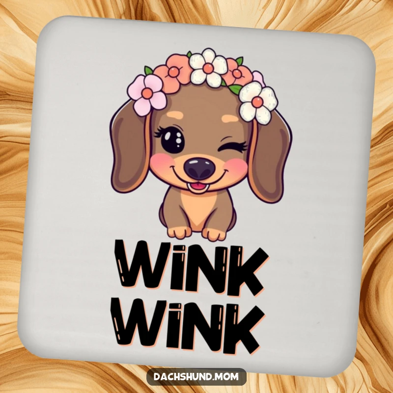 Funny Kawaii Dachshund Coaster with a dog wearing a flower crown and playfully winking, a charming and humorous gift.