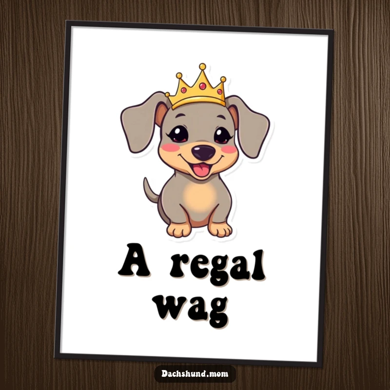 Funny kawaii dachshund wearing a small crown and wagging its tail, creating humorous wall art.
