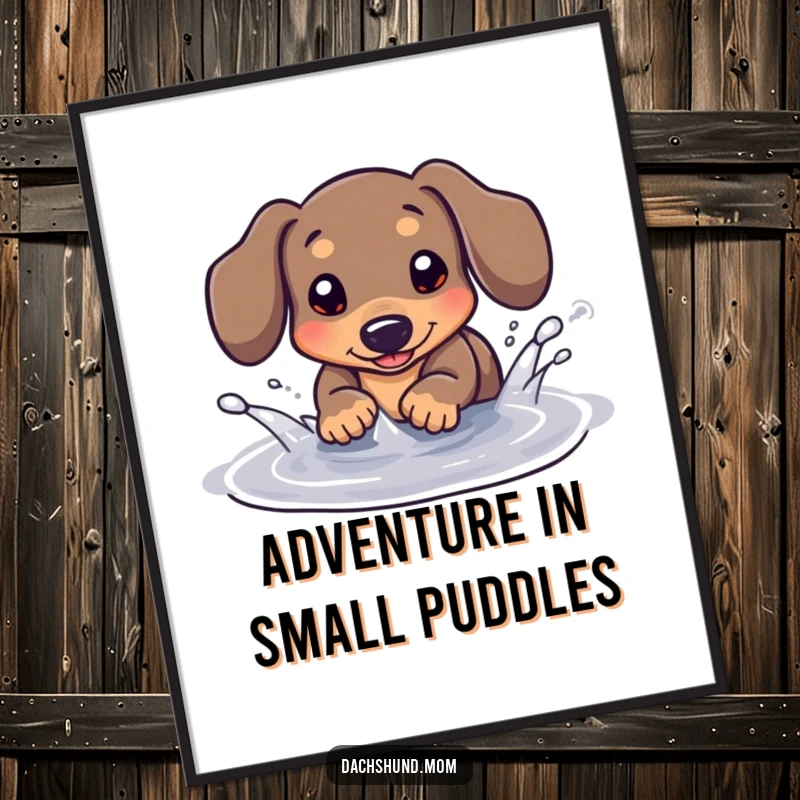 Funny Kawaii Dachshund Poster: A cute dachshund joyfully splashes in a small puddle, bringing a splash of fun to any wall.