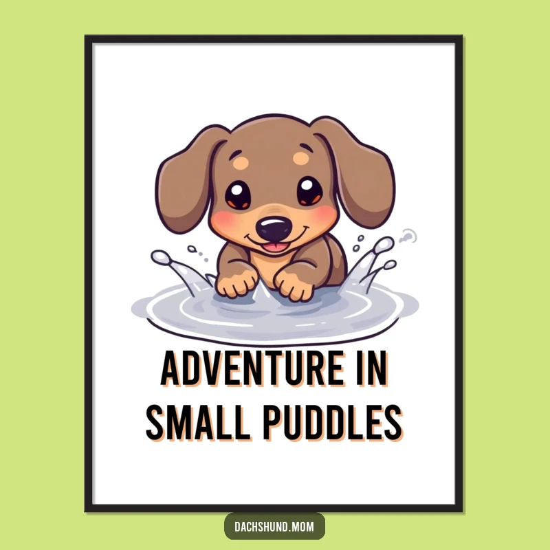 Funny Kawaii Dachshund Puddle Splash Poster - Rainy Day Dog Art