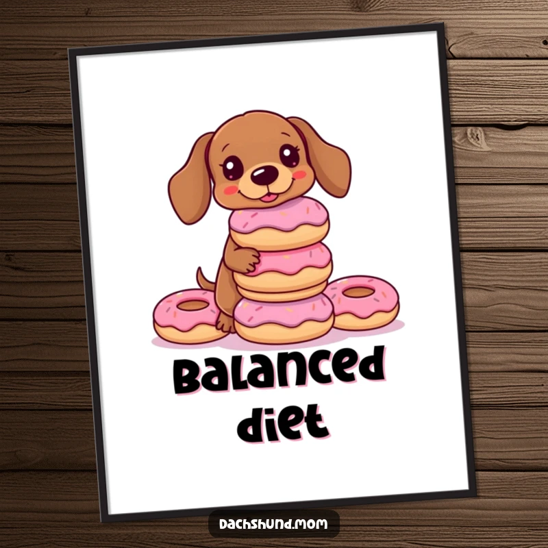 Funny Kawaii Dachshund Poster of a dog attempting to balance a stack of donuts, a delightful piece of humorous wall art.