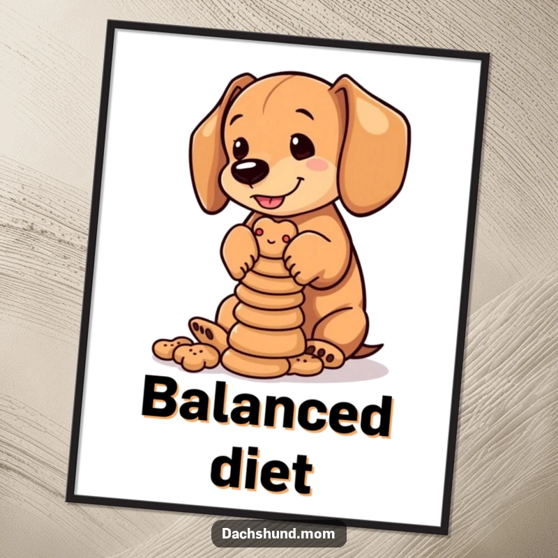 Funny Dachshund Biscuits Poster: Dachshund cub balancing a stack of dog biscuits. Talented and humorous wall art.