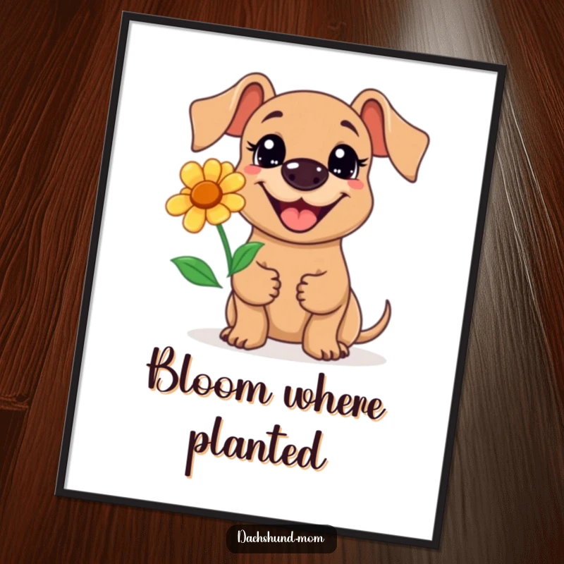 Funny Kawaii Dachshund Flower Poster: A cute dachshund with a big grin holds a flower, spreading happiness, wall art, gift.