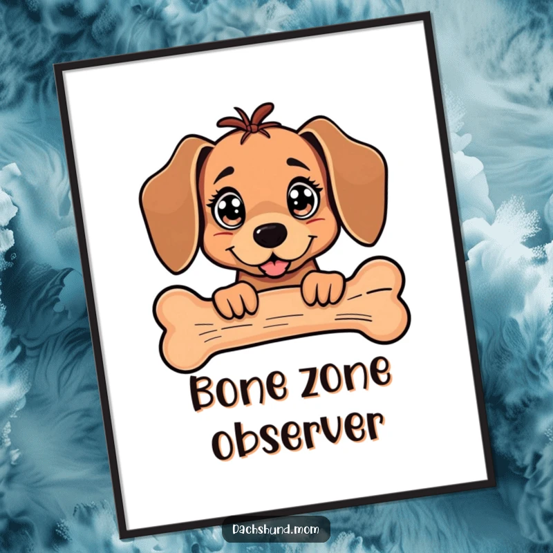 Funny Kawaii Dachshund Poster illustrating a dog with large, sparkling eyes peeking from behind a massive bone.