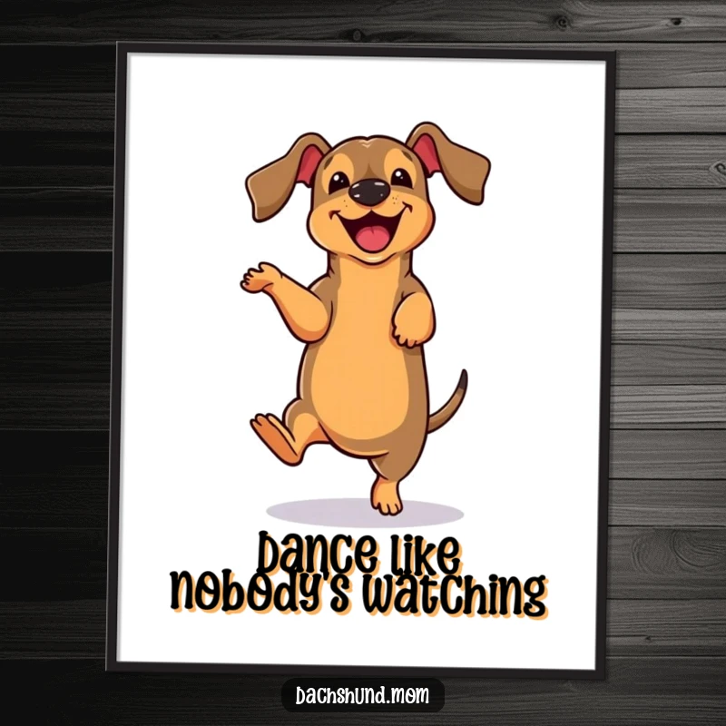 Funny cute dachshund character performing a joyful, clumsy dance move, high-quality poster art capturing canine humor.