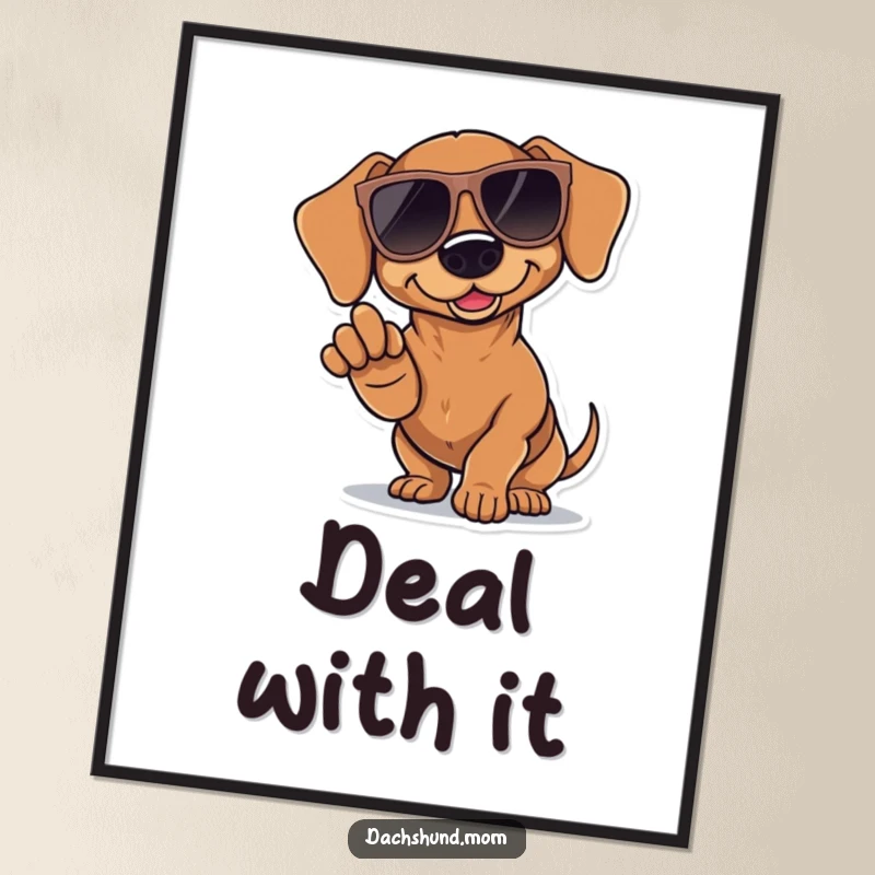 Funny Kawaii Dachshund Poster: a dachshund in oversized sunglasses dramatically pointing one paw forward, exuding style and humor on your wall.