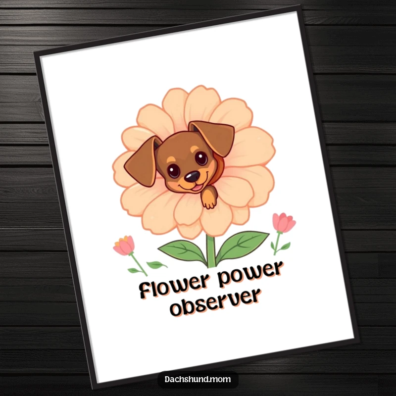 Funny tiny dachshund peeking from behind a large, cheerful flower, high-quality poster art capturing cute dog humor.