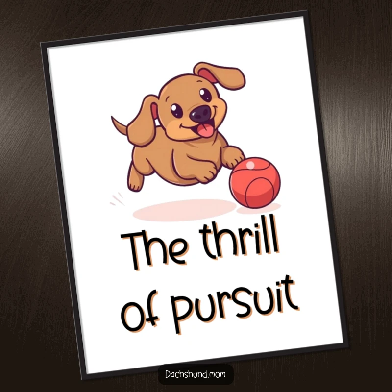 Funny poster of a dachshund energetically chasing a bouncing ball, capturing the thrill and fun of playtime.