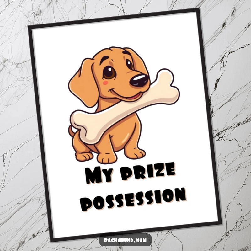 Funny poster illustrating a dachshunds joyfully posing with a comically large bone, a humorous decoration for any room.
